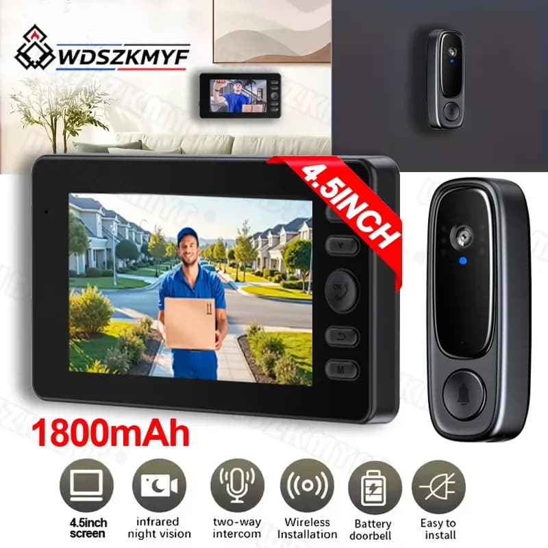 Wireless Doorbell Camera 1080P Video Intercom Doorbell 4.5in IPS Screen Home Security Door Bell IR Night Vision for Office