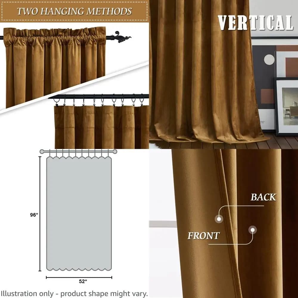 Luxury Curtains in Golden Velvet, Thermal Insulating for Living and Kitchen, 52 x 96, 2 Panels