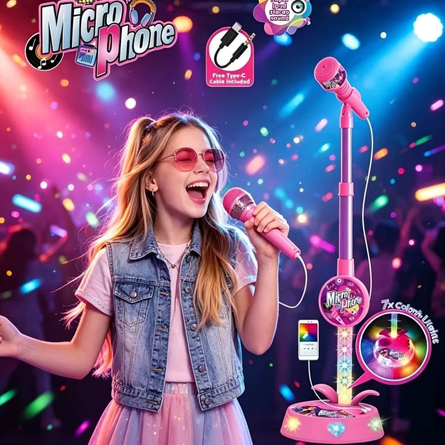 Kids Stand Microphone With Colorful Lights & Music, Adjustable Height Karaoke Machine, Portable Singing Mic With Type-C Cable, Super Loud Stereo Sound, Early Education Toy For Boys Girls Birthday Gift
