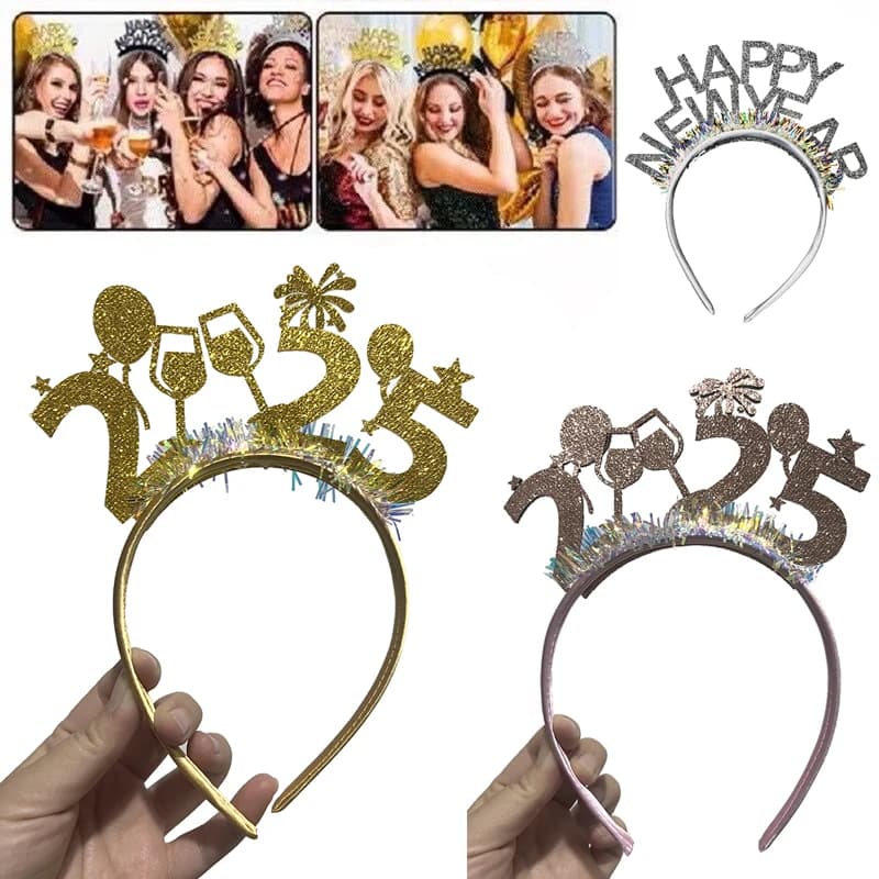 2025 Felice Anno Nuovo Fascia Tiara Cosplay Anime Fuochi d'artificio Vino Bicchiere Palloncino Copricapi Accessori per capelli Festa di Natale Puntelli fantasia