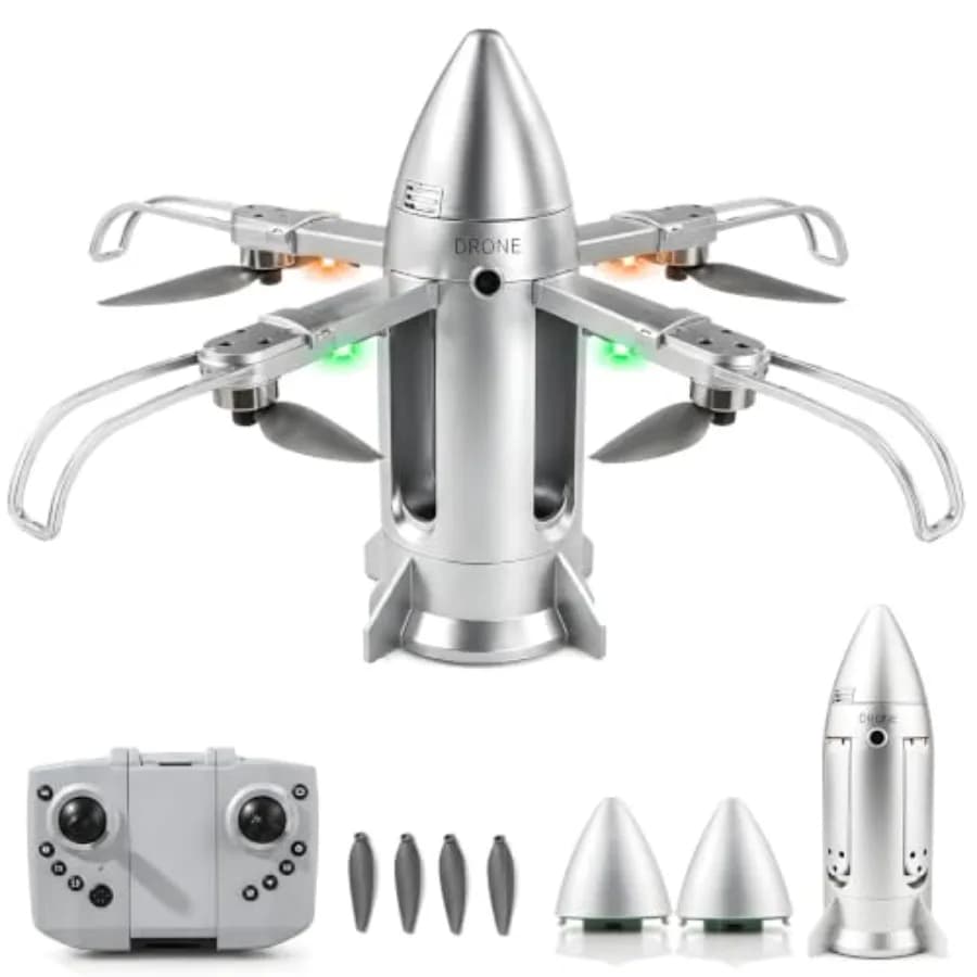 Outdoor RC rocket drone for kids: foldable aircraft toy with mist spray, 2.4GHz control, 2 rechargeable batteries, blue-red col