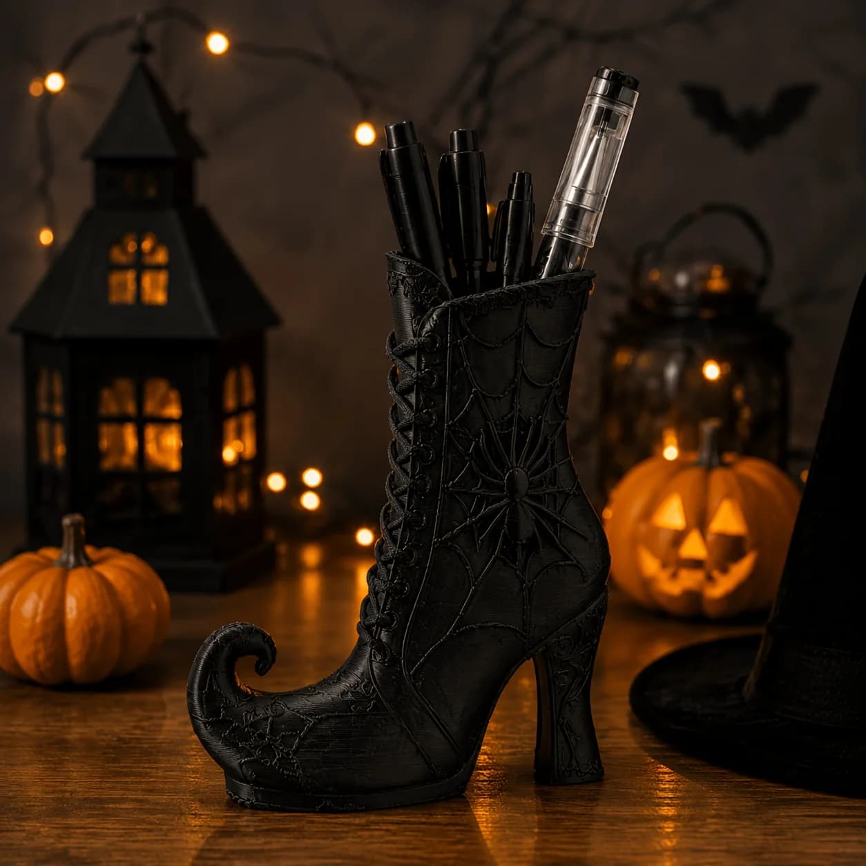 Gothic Spider Web Boot Pen Holder, 3D Printed Witch Shoe Pencil Cup Desk Organizer, Halloween Makeup Brush Storage Decor