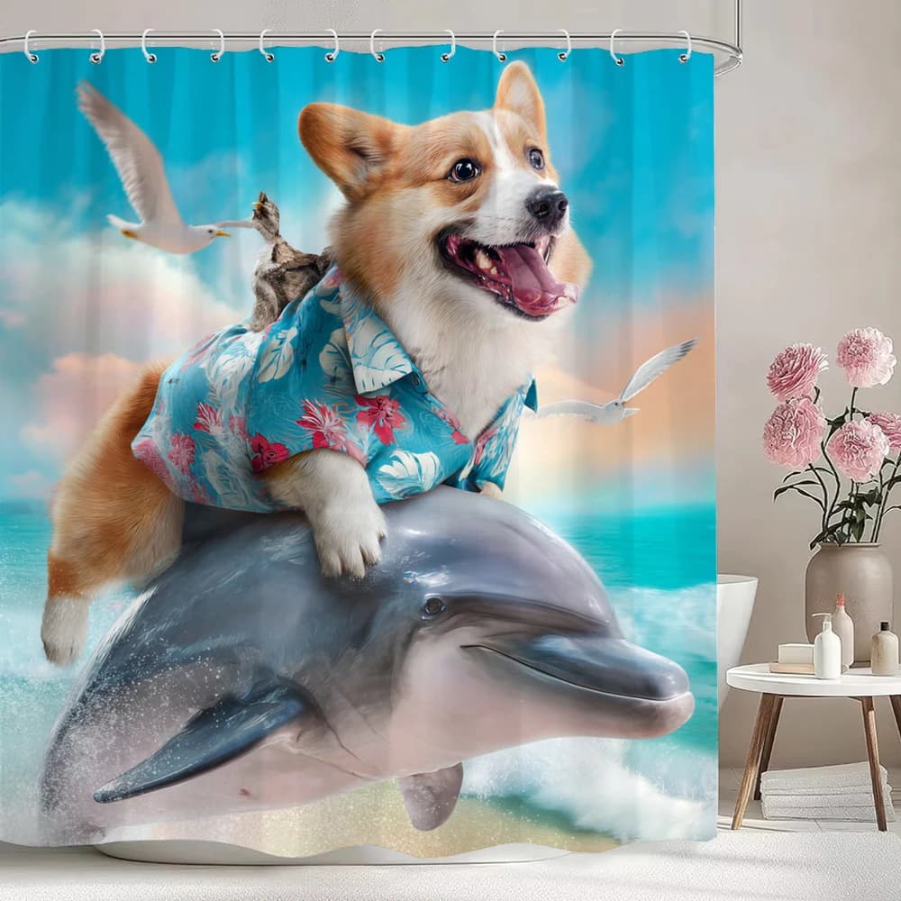 1pc Interesting Dog Riding a Dolphin Shower Curtain, Bathroom Decorative Shower Curtain, Printed Fabric Home Curtain with Hooks