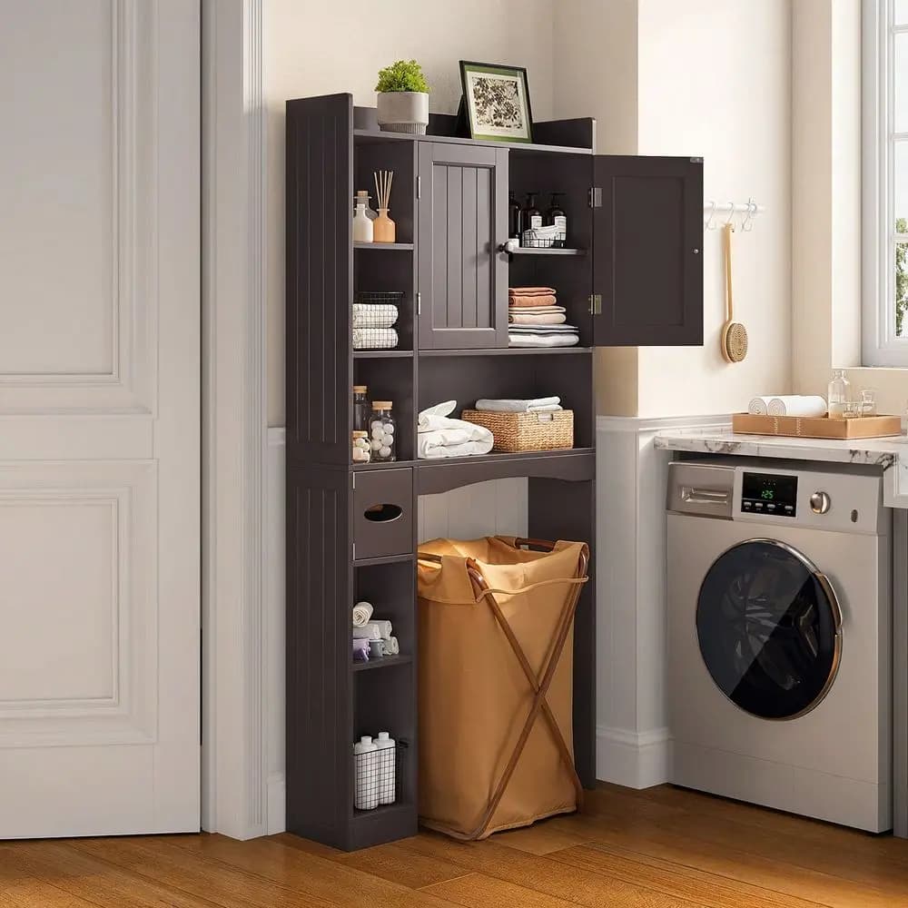 66" Large Capacity Above Toilet Storage Cabinet, Bathroom Storage Cabinet Multi-Level Open Shelves And Adjustable Closed Storage With 2 Doors, 2 Hooks, Waterproof Paper Towel Holder, Anti-Tipping Device, Suitable For Bathroom, Toilet