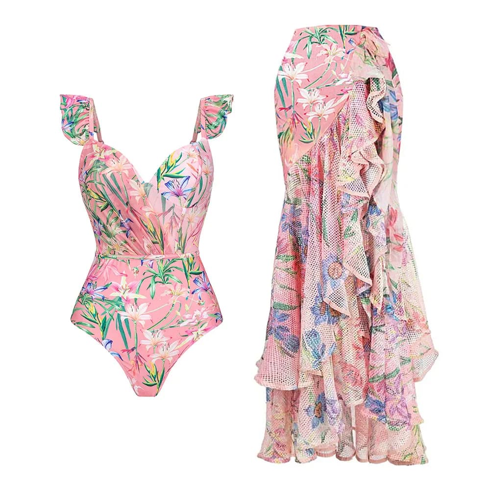 Costume da bagno donna estivo con stampa floreale con scollo a V Costume intero bikini Set stile spiaggia Indossare maxi gonna da vacanza