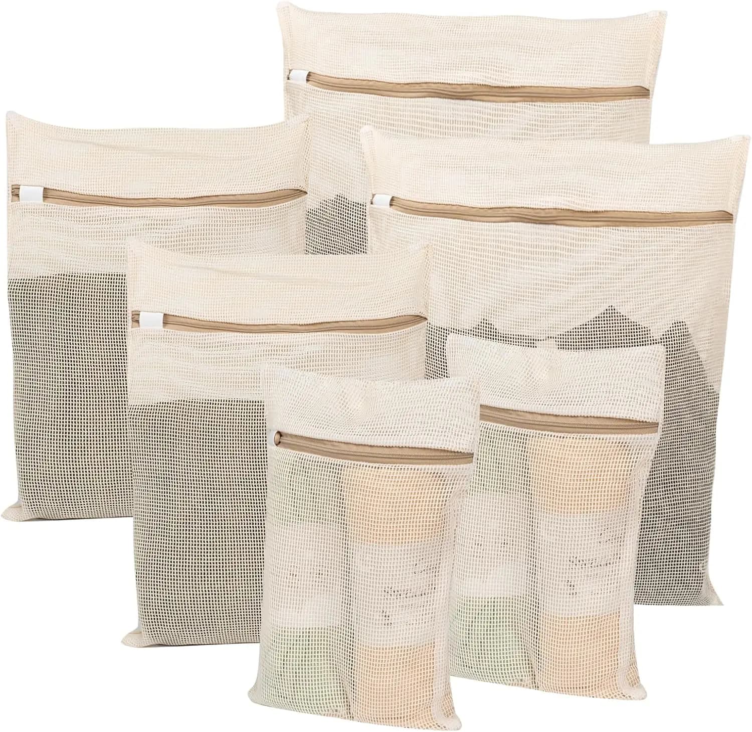 Set di 6 Sacchetti in Rete di Cotone per Lavanderia, con Cerniera Resistente, Traspiranti, per Biancheria Intima, Vestiti, Scarpe e Calzini