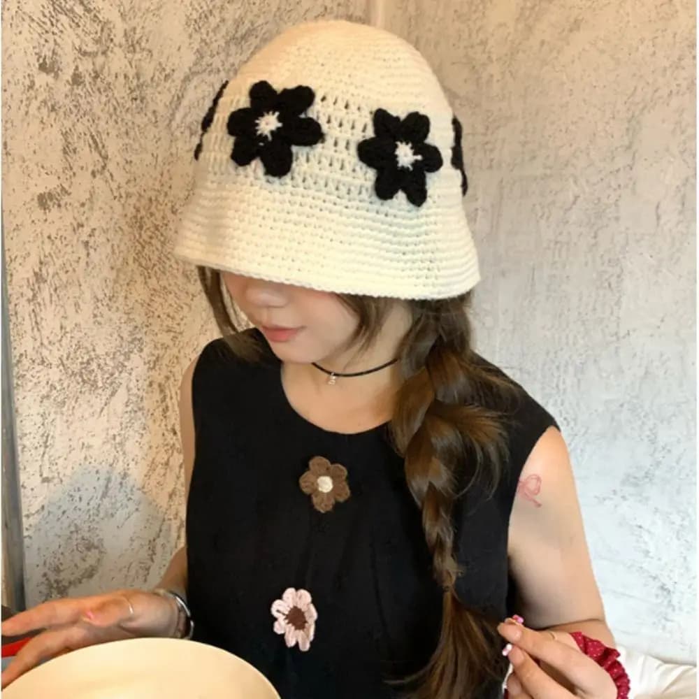 Retro Handmade Crochet Flower Knitted Hat Sweet Cute Bucket Hat Korean Style Beanies Hat Apparel Accessories