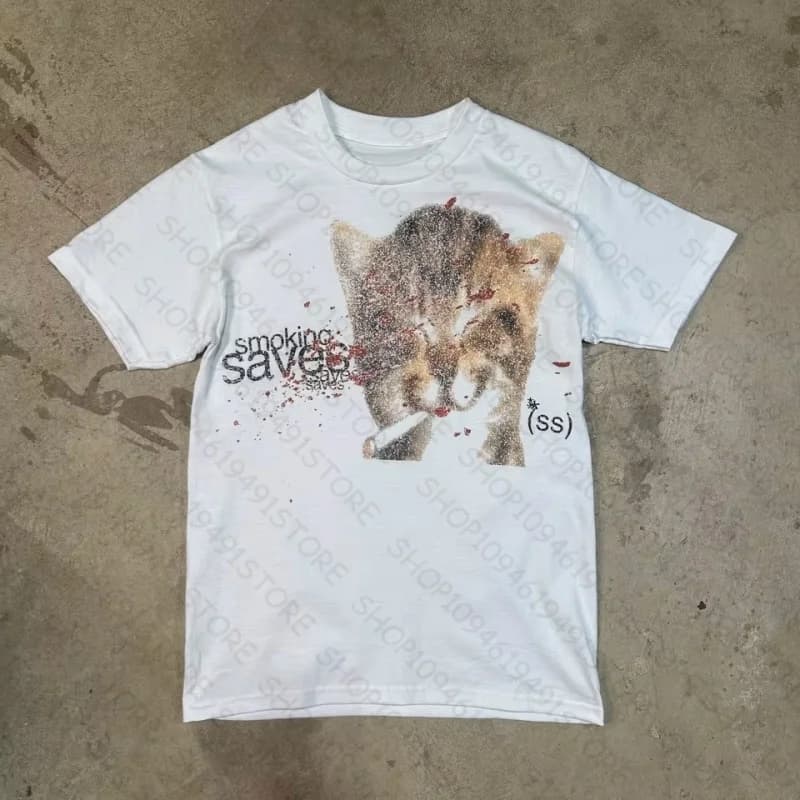 Y2k Streetwear Printing Women Tees Tops Goth Punk Tees Y2k Emo Vintage Graphic Cat Print Slim Casual Tees Tops Summer Slim Tops