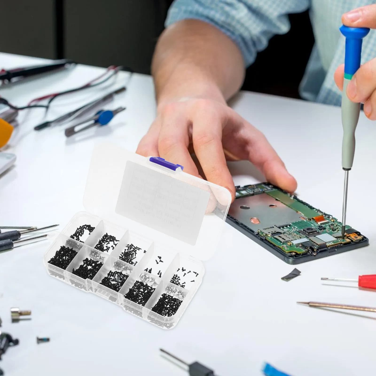 1000 viti piccole in acciaio al carbonio, viti autofilettanti a testa tonda per kit di riparazione di macchinari ed elettronica con scatola portaoggetti