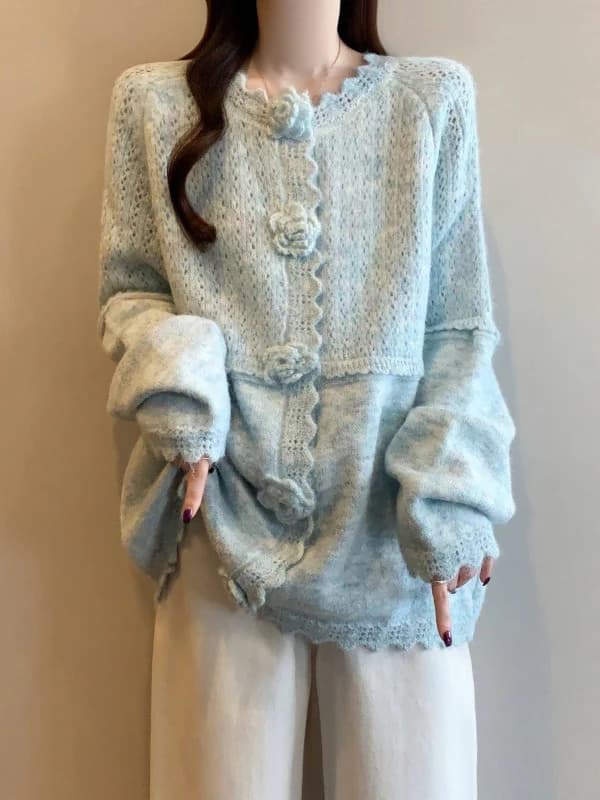 Light Blue 3D Flower Knitted Sweater Jacket Women's Shoulder Length plus Size Cute Commute Style Winter Outerwear