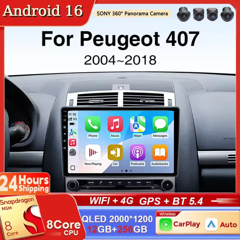 Autoradio Android 16 con Carplay e Android Auto, Lettore Multimediale Video, Navigatore GPS per Peugeot 407 2004-2018