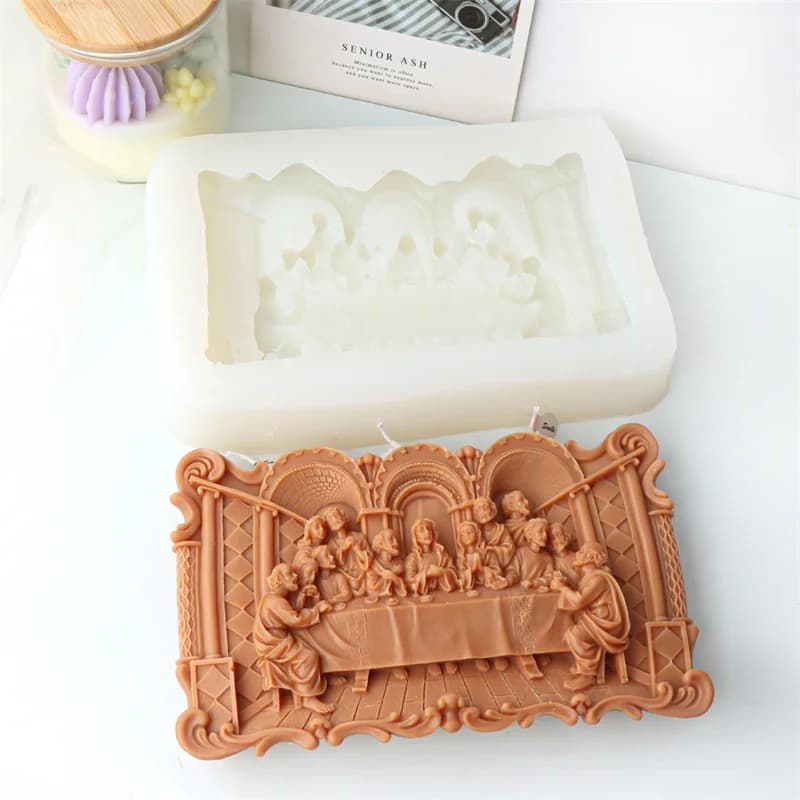 Stampo in silicone portatile per candele a forma di cornice per foto dell'Ultima Cena, decorazione floreale, stampo fai da te per gesso e resina, artigianato religioso per decorazioni domestiche