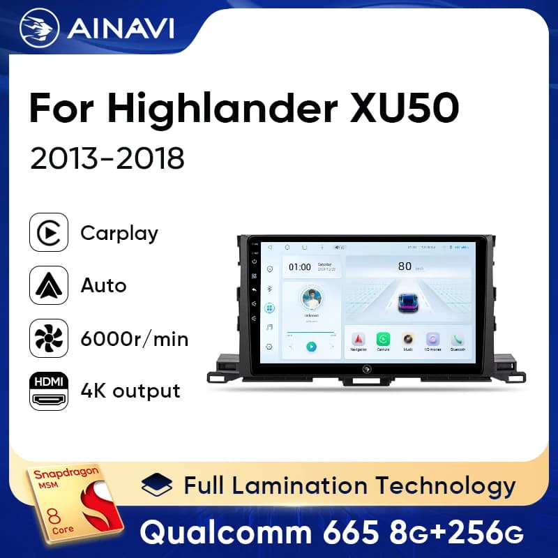 Ainavi Autoradio For Toyota Highlander 2014-2019 XU50 Wireless Carplay Android Auto Car Multimedia Qualcomm 665 HDMI output 2 DIN