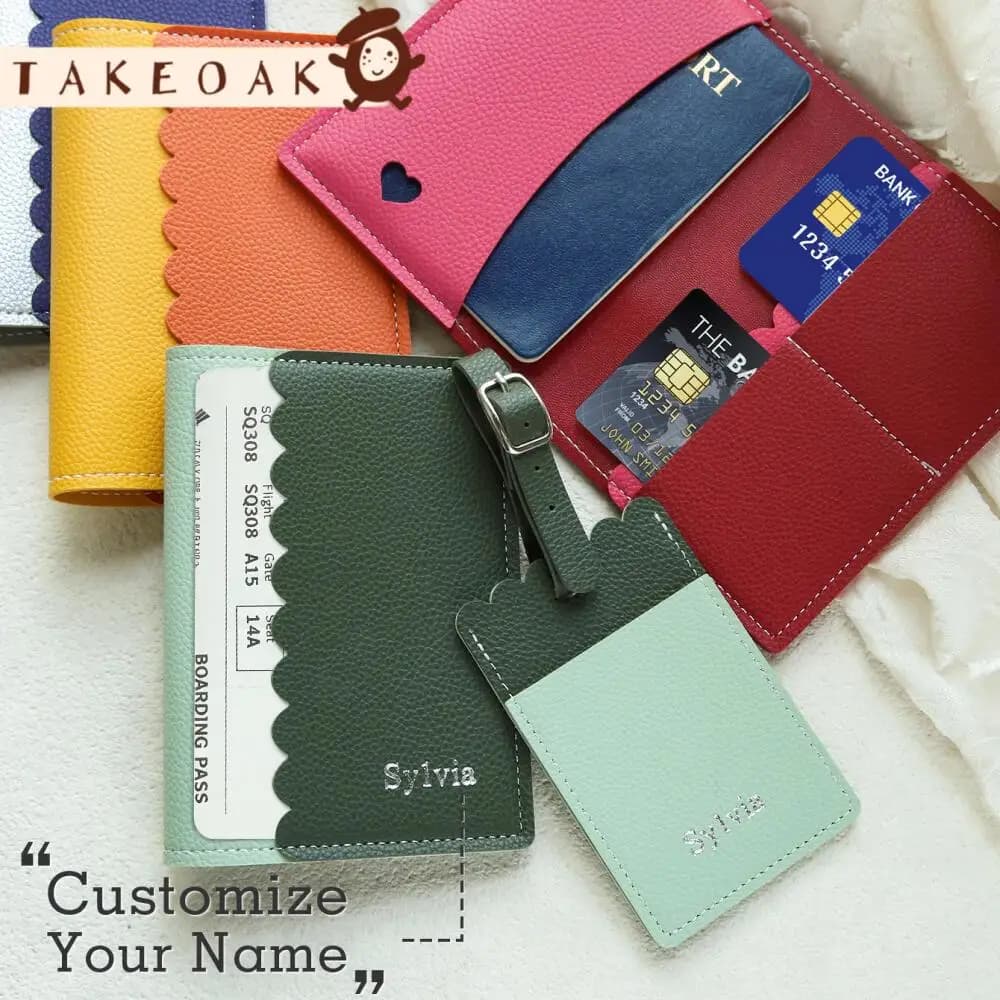 Custom Name Passport Cover & Luggage Tag Set Personalized Debossed Name Travel Organizer Scalloped Edge Travel Document Holder