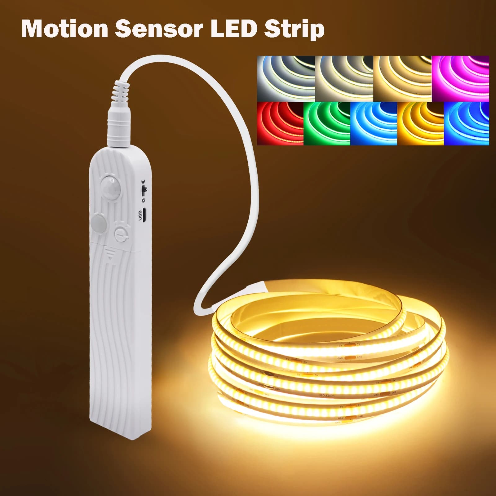1M-5M COB LED Strip DC5V Sensore di movimento LED Luce notturna a batteria Luce a nastro per letto Scala Guardaroba Blu Bianco Rosso Blu