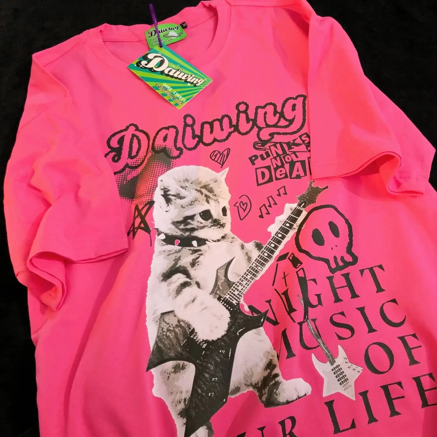 Maglietta Punk Rock Cat con chitarra elettrica | 100% Cotone Stile Vintage | Maglietta grafica con stampa "Night Music of Your Life" Harajuku Y2K