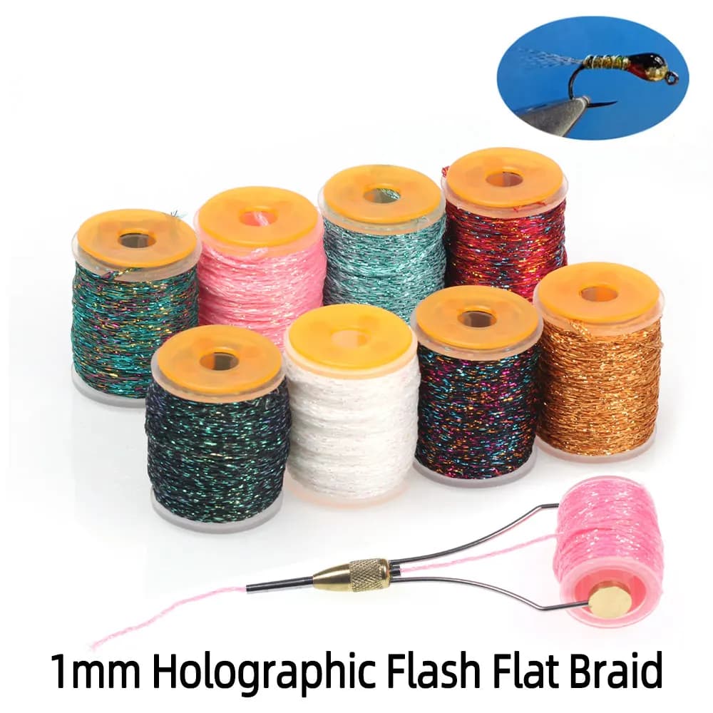 10 m/bobina 1mm olografica flash treccia piatta filo mosca legatura materiale per legare ninfa corpo streamer pesca alla trota mosche richiamo esca