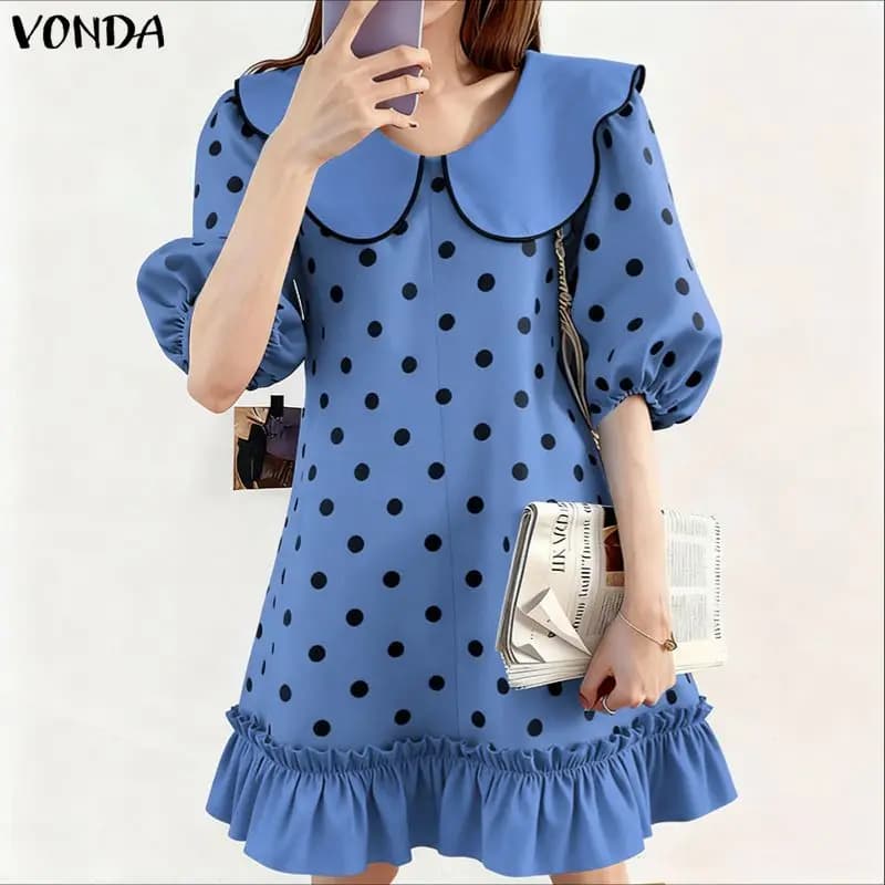Short summer dress bohemian VONDA Mini summer dresses women's polka dots Fashion Collection to Peter Pan Smooth sleeve Casual Elegant party dress