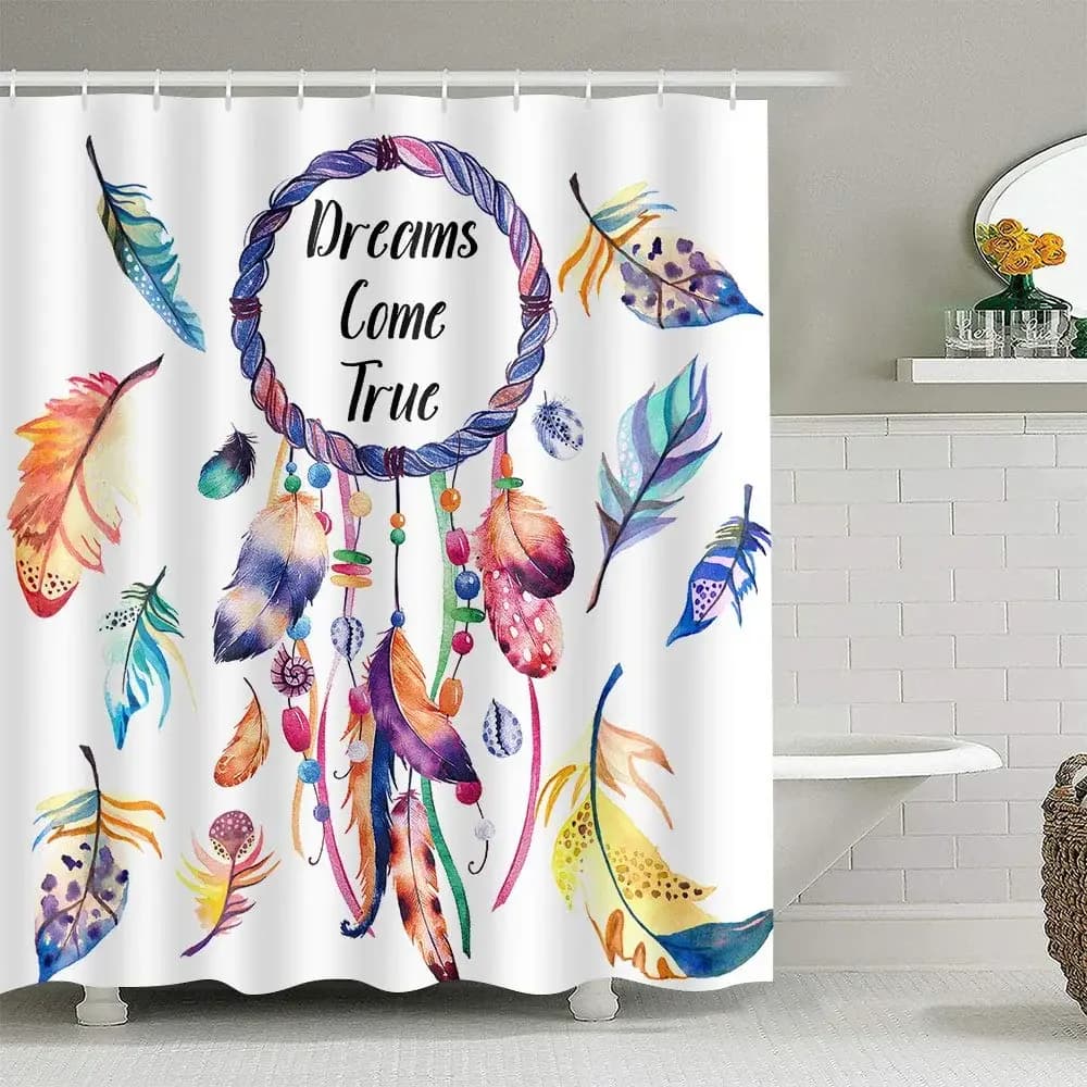 Tema colorato Dreamcatcher Tenda da doccia Ornamenti di piume Hope Dreams Come True Art Stampa Tende da bagno in tessuto poliestere