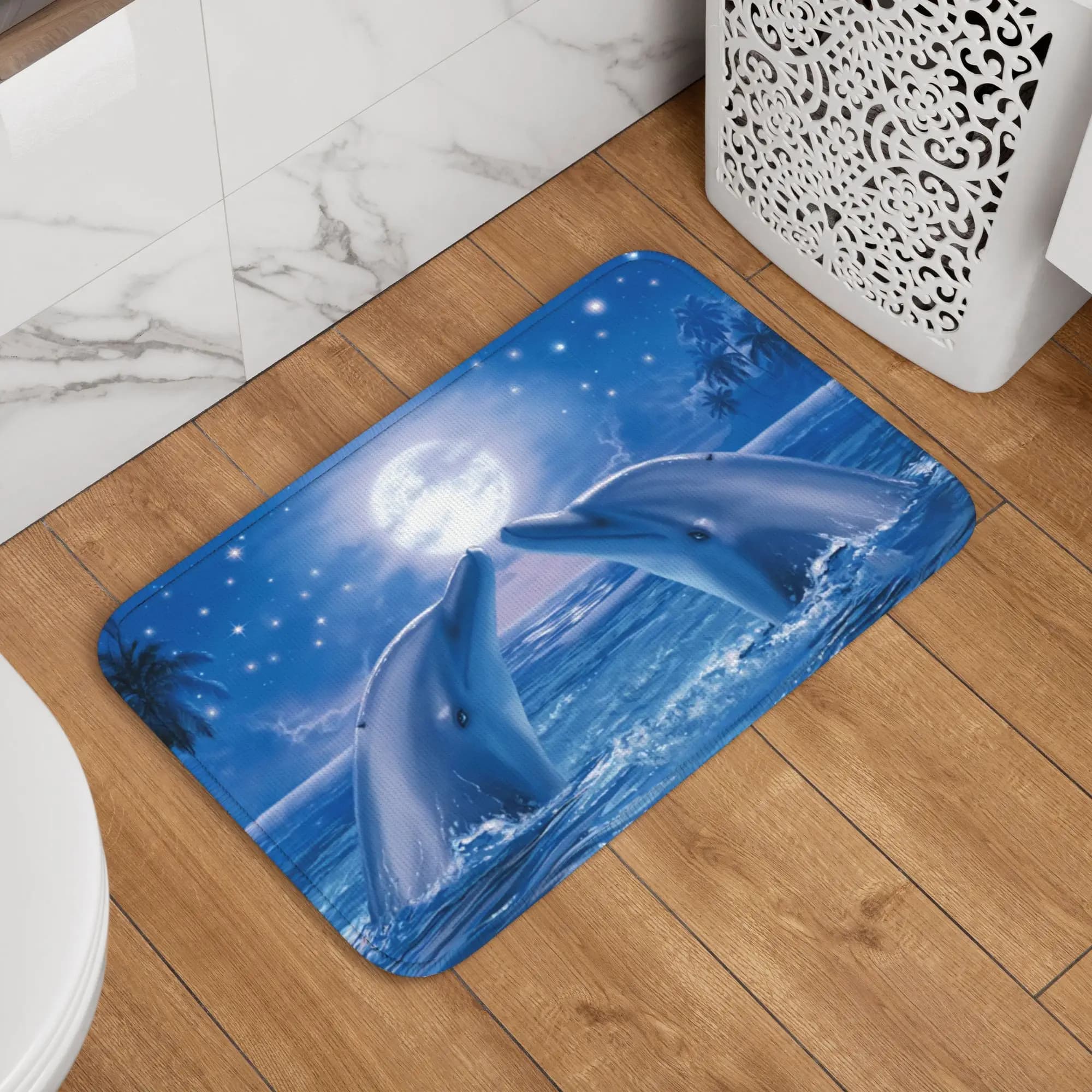 Tappetino Personalizzato con Simpatici Delfini che si Baciano, Antiscivolo, Tema Marino, per Cucina, Bagno, Giardino, 40*60cm
