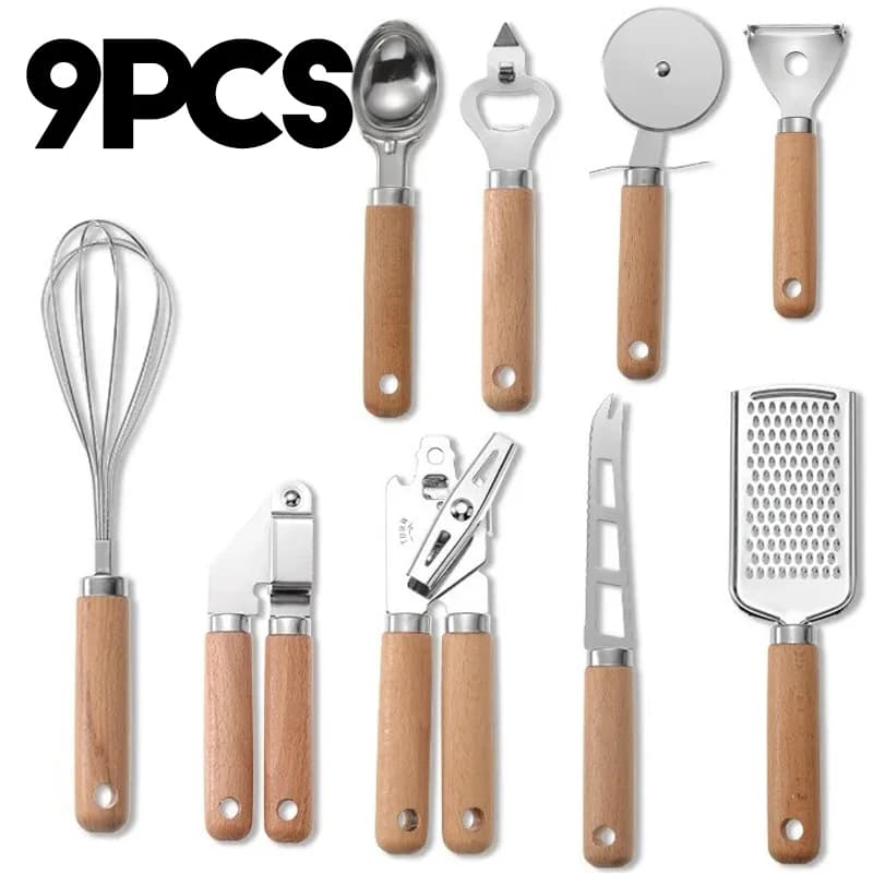 9 pieces kitchen utensils set wooden handle opener baking pizza peeled frullino for eggs cheese knife spoon from ice cream kitchen gadget