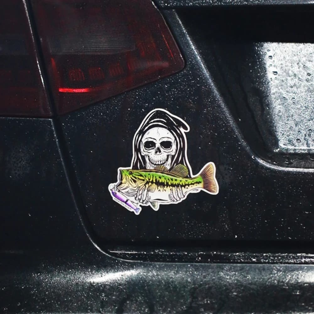 Grim Reaper Fishing with Big Bass Vinyl Decal, Waterproof UV Resistant Sticker for Car Truck Boat Motorcycle Tackle Box