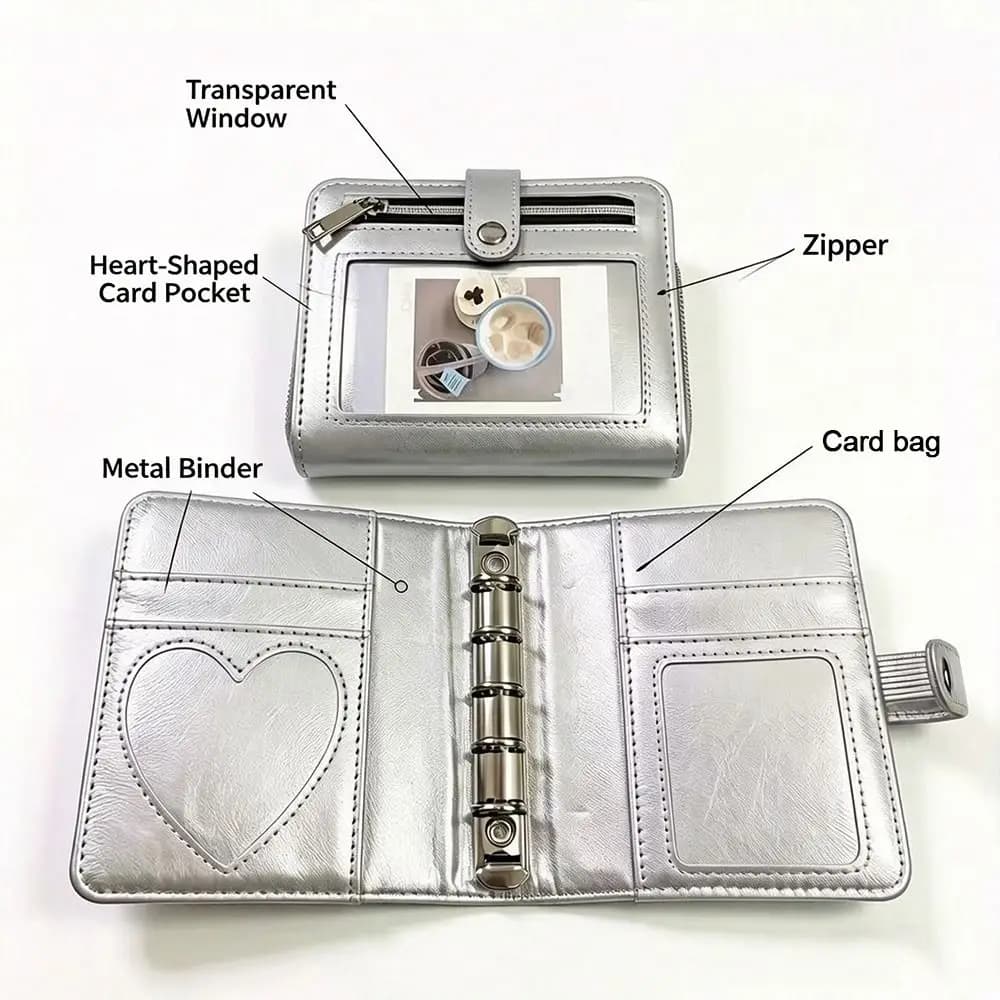 PU Leather Binder Notebook with Photo Window 5-Ring Loose-Leaf Pocket Journal Detachable Planner Book School Office