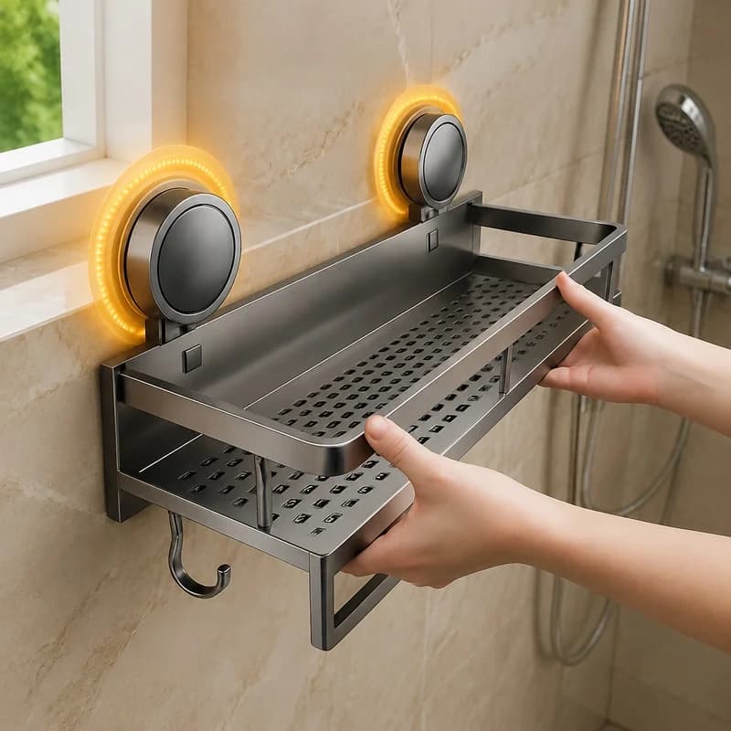Wall-Mount Aluminum Shelf with Suction Cups for Bathroom Storage, No-Drill Hanging Organizer for Shower and Toilet Essentials
