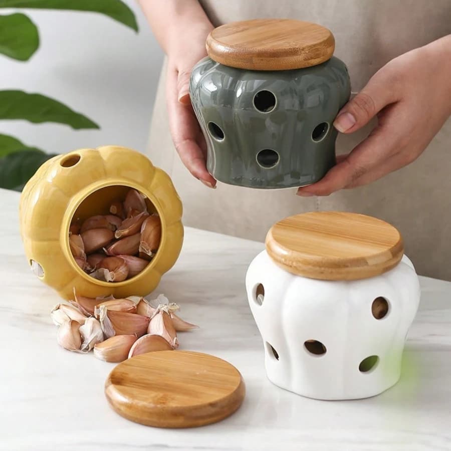 Ceramic Garlic and Ginger Container, Breathable Vase with Holes, Porcelain Cooking Organizer