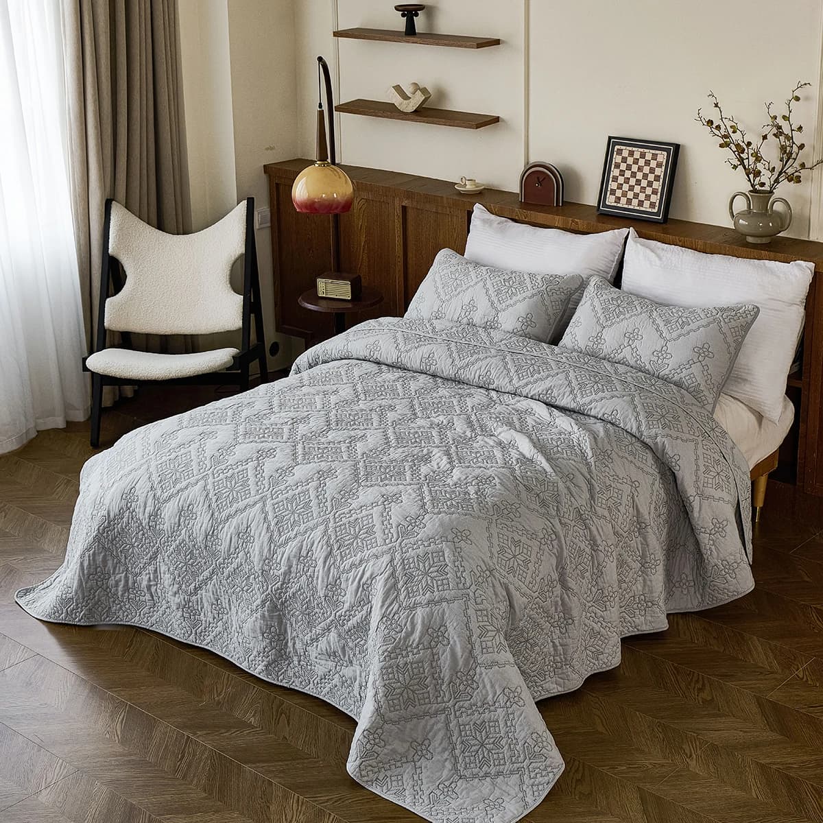 Set Copripiumino Ricamato a Mano Queen Size, Lenzuolo Ricamato con 2 Federe, Biancheria da Letto con Ricami Floreali, Set Letto 3 Pezzi