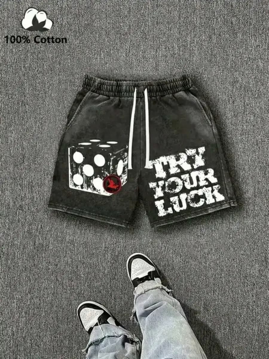 Mens Cotton Shorts With Dice Print And Try Your Luck Text, Casual Drawstring Waist