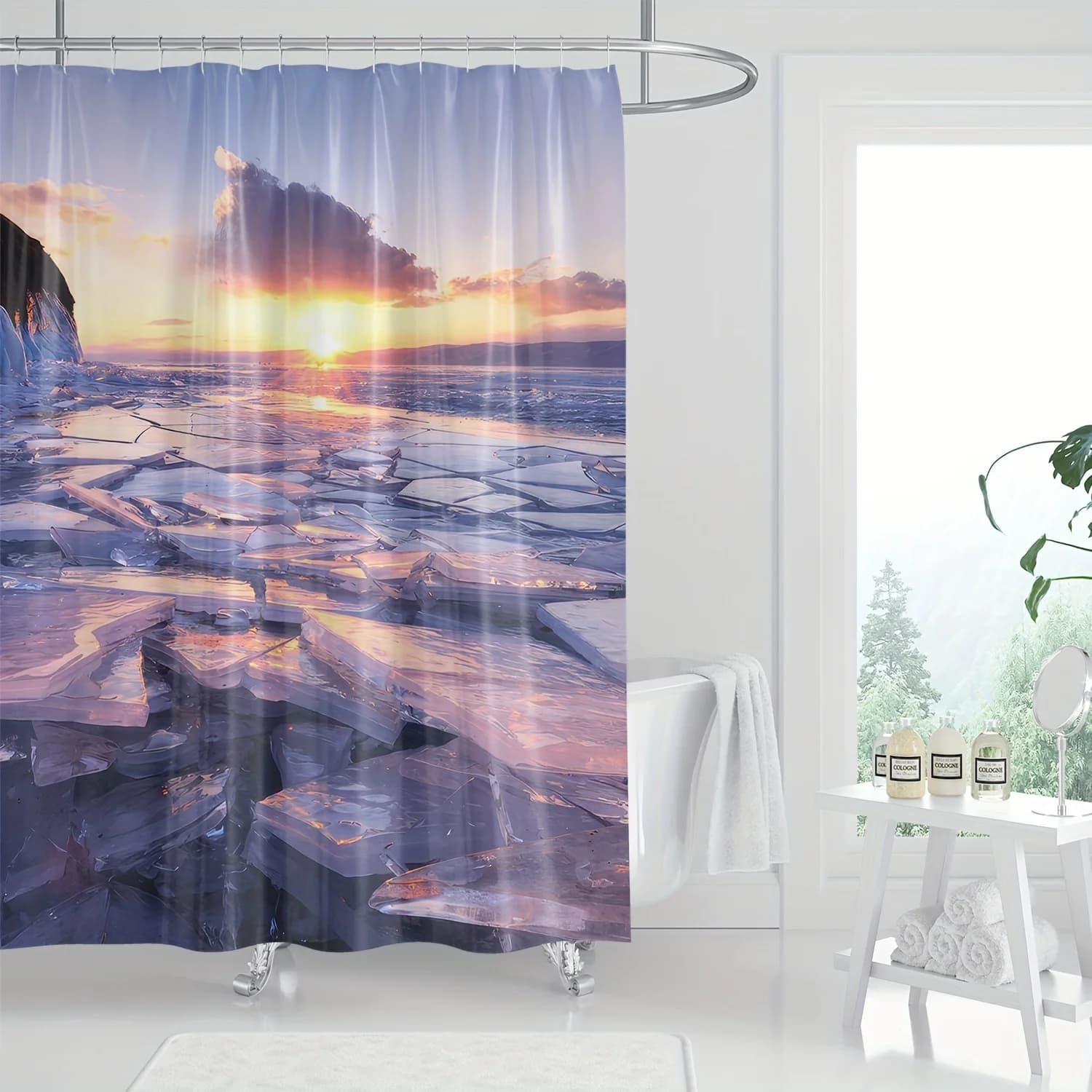 Tenda da doccia Ocean Sunrise Iceberg, decorazione artistica, design vivace in blu e viola, lavabile in lavatrice, stampa digitale moderna