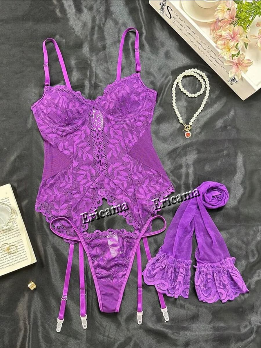 Lingerie fantasia sexy biancheria intima di pizzo 3 pezzi trasparente con giunture reggiseno e slip set giarrettiera intima biancheria intima da donna sexy