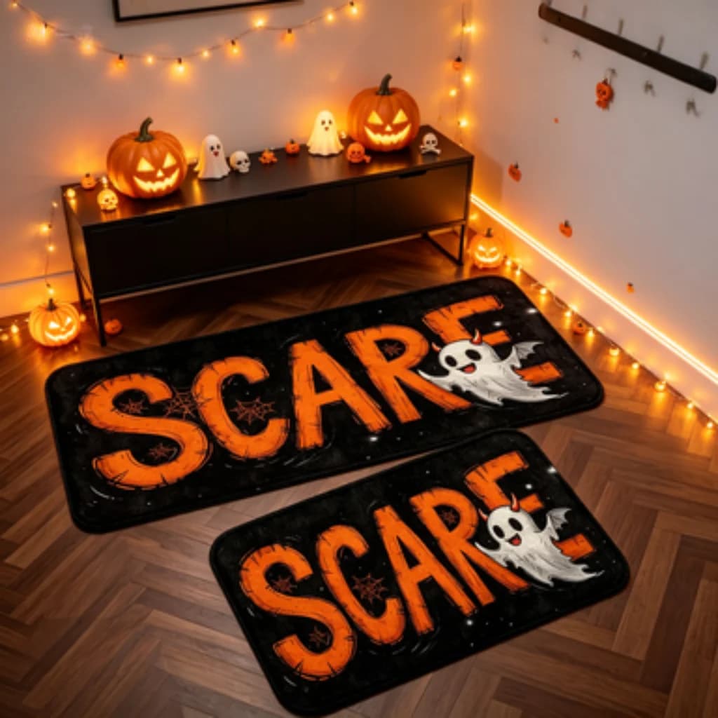 Halloween Floor Mat Set, Trick Or Treat Ghost Pumpkin Doormat, Autumn Fall Anti-Slip Kitchen Entrance Rug, Indoor Holiday Carpet