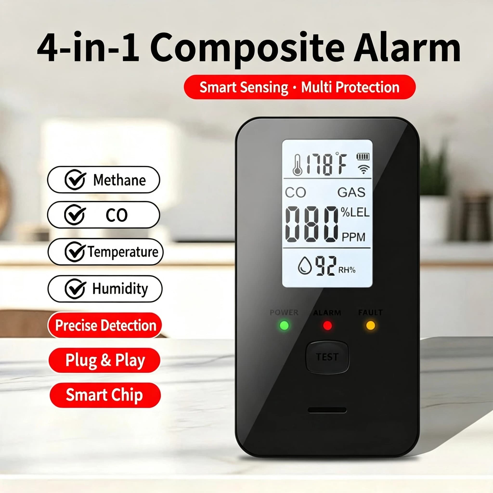 4-in-1 Plug-in CO & Combustible Gas Detector Carbon Monoxide Propane Methane Leak Alarm Temperature Humidity Home Safety Monitor