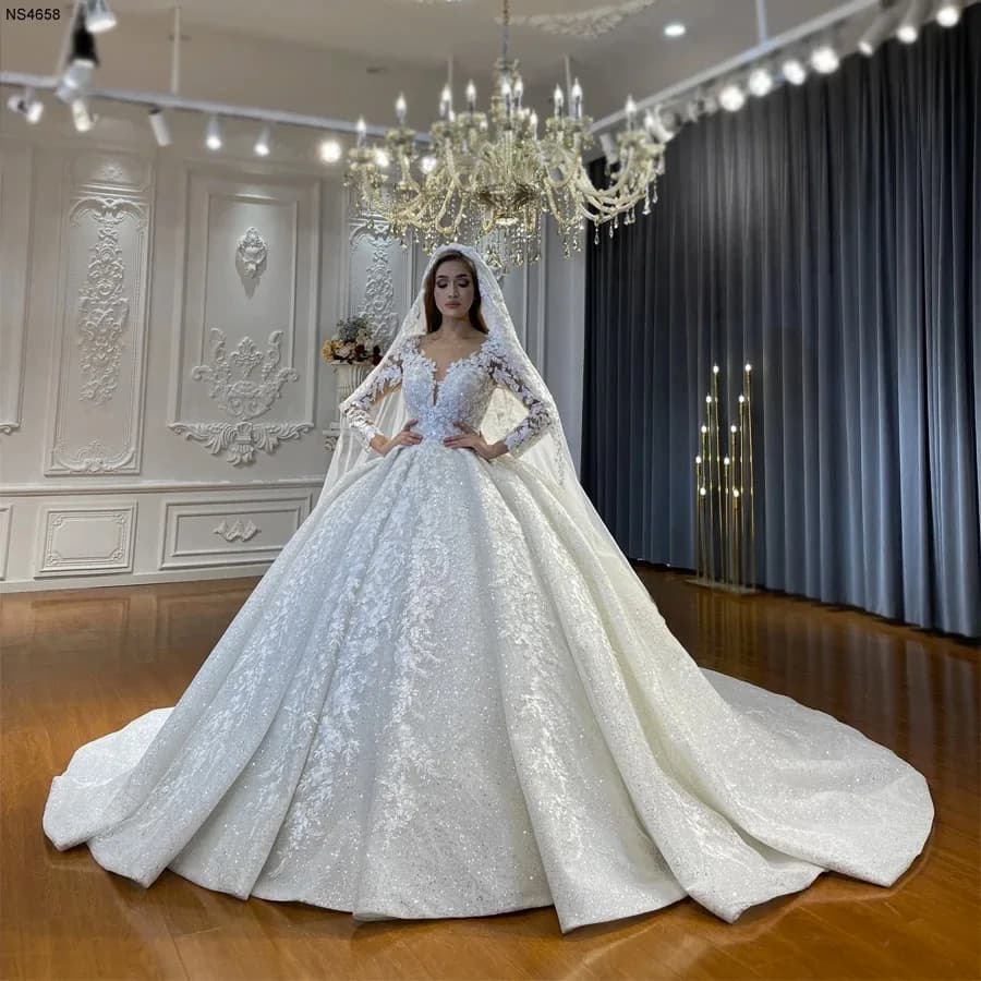 Abiti da ballo personalizzati Abito da sposa in pizzo con applicazioni da sposa Abito da sposa lucido con maniche lunghe Vestido de novia