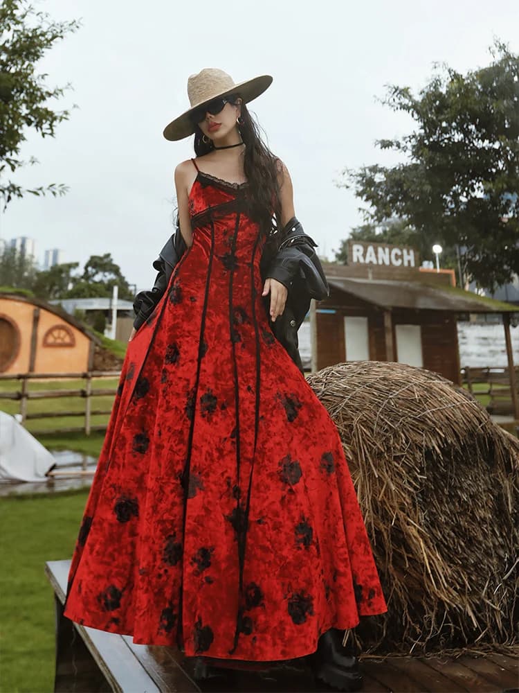 TIYIHAILEY Abiti senza maniche Donna Autunno Inverno Velluto stampato Nuova moda 2025 Abiti con cinturino Donna Maxi Rosso Orlo grande in pizzo