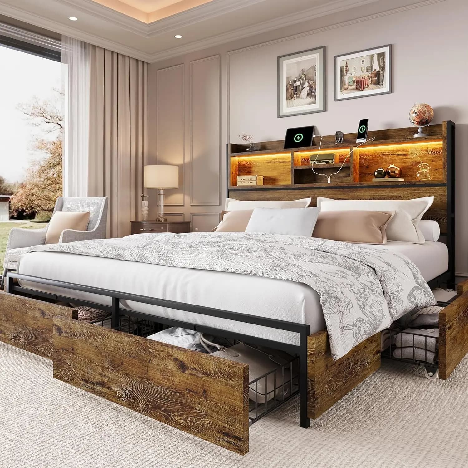 Wooden Platform Bed Frame with LED Lights And Charging Station 6 Storage Drawers Easy Assembly Bed without Box Spring Needed