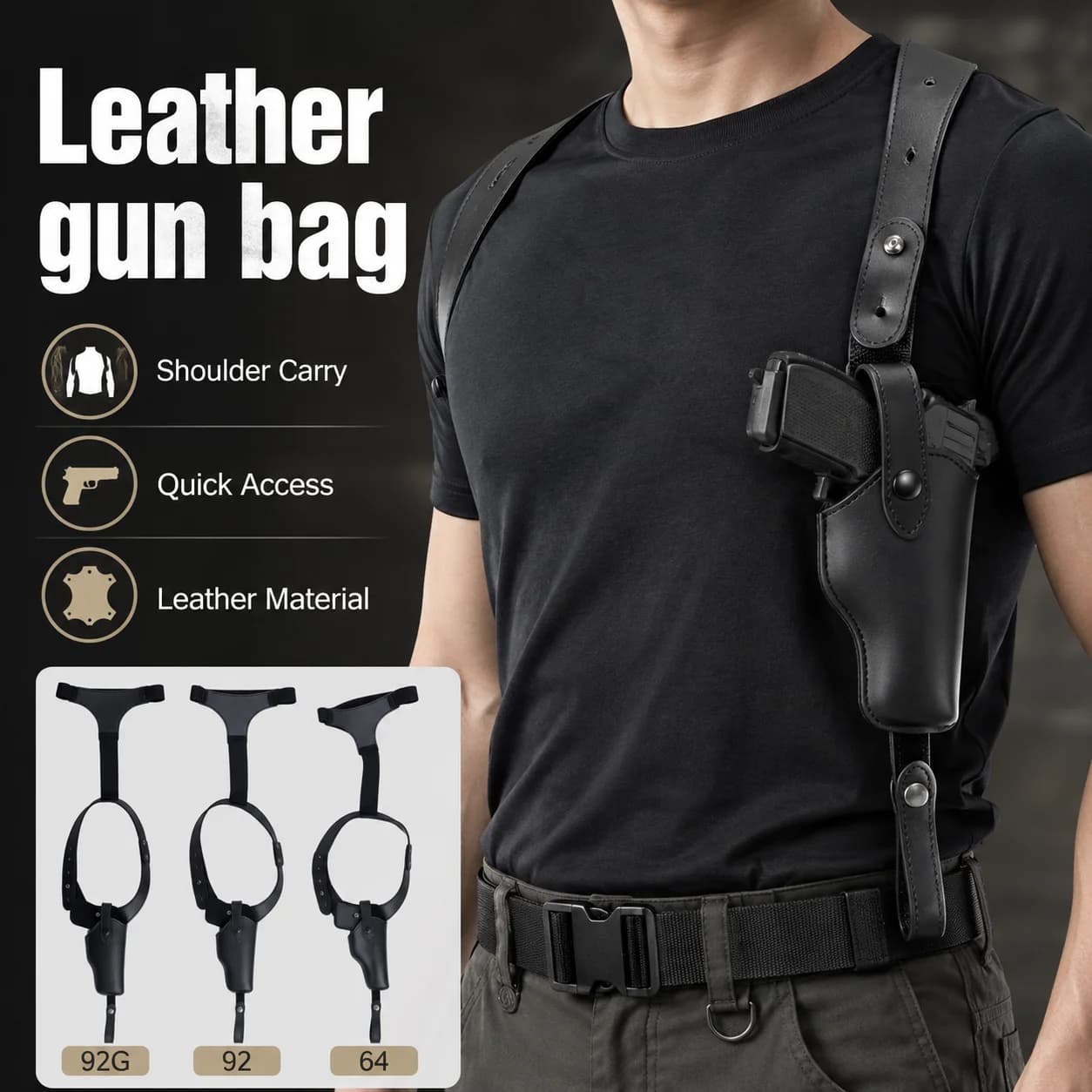 Tactical Leather Shoulder Holster 64 77 92 92G Concealed Gun Bag Quick Draw Adjustable Belt Chest Carry Holster