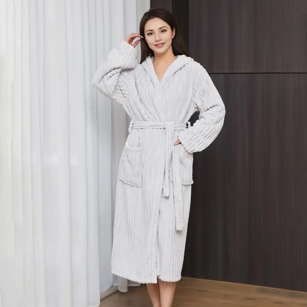Fleece bathrobe Cosy dress with hood Sherpa with pockets Bathrobe strap in fleece for women Hot night shirt for winter comfort