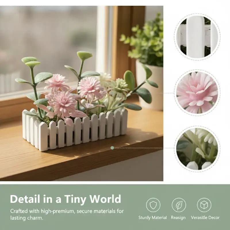 Mini Artificial Potted Flower Plants With White Fence Dollhouse Flower Potted Model Decor Dolls House Micro Landscape Ornament