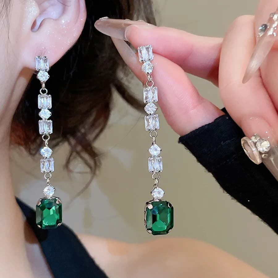 Green Square Zircon Dangle Earrings for Women Geometric Long Tassel Pendant Earring Retro Party Dress Jewelry Gifts Bijoux K