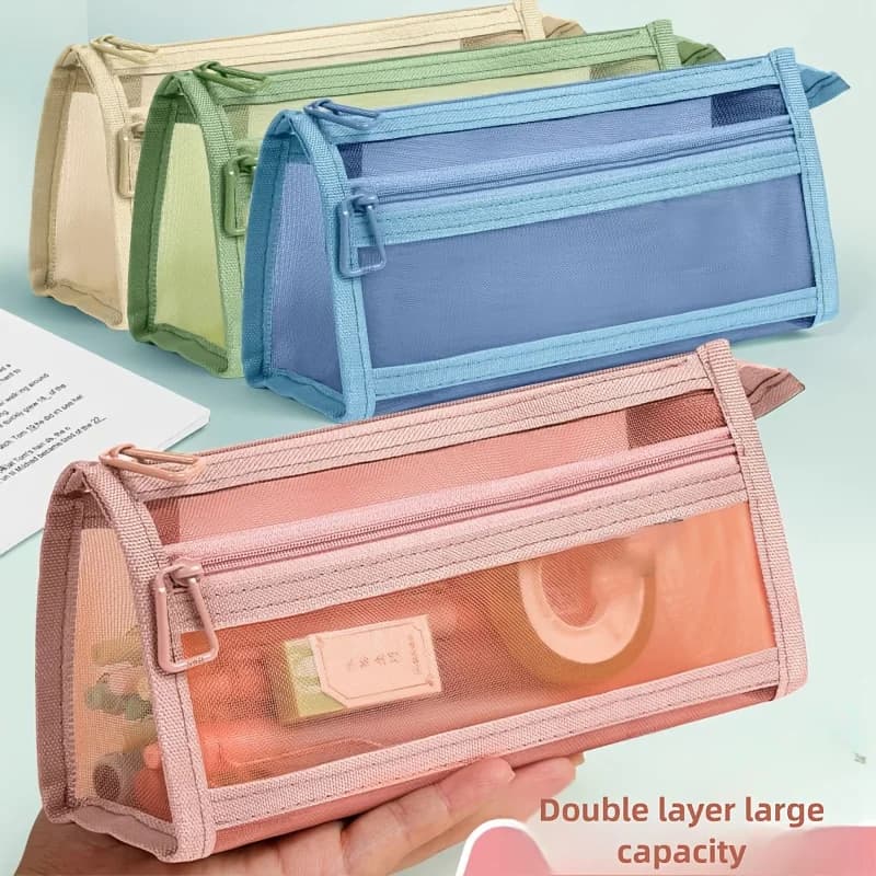Desk Storage Morandi Grid Mesh Pencil Case with Handle and Zipper Clear Double-layer Pencil Pouch Marker Pouch, Travel