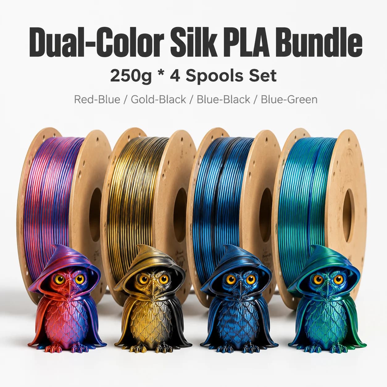 Dual-Color Silk PLA Filament 1.75mm, 200/250/500/1000g, fits most FDM printers; Blue-Red/Blue-Green/Blue-Black/Gold-Black