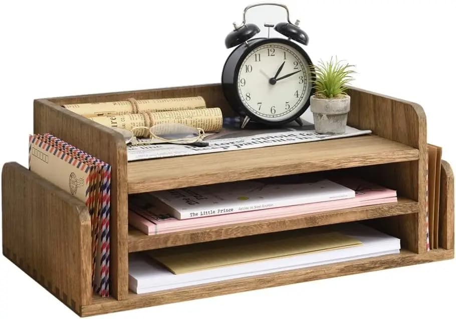 Organizer da Scrivania in Legno Marrone Scuro con 5 Scomparti, Classificatore Postale a 3 Livelli per Cartelle e Documenti