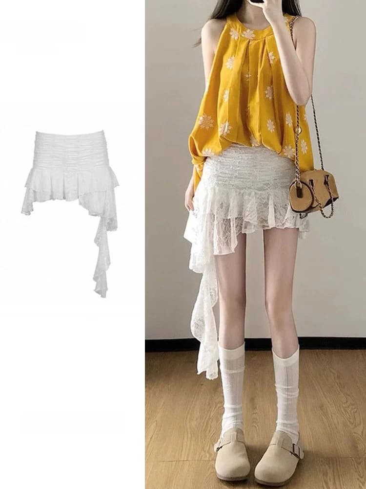 Low Waist Layered Lace Uneven Hem Short Skirt Vintage Design Spring Summer New Style A-Line Skirt for Young Women 18-24