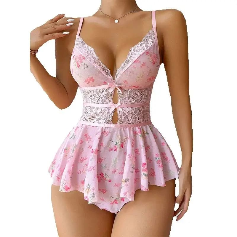 Camicia da notte sexy con scollo a V trasparente per donna Pigiama intimo in pizzo stampato floreale Mini abito Lingerie sexy senza cuciture