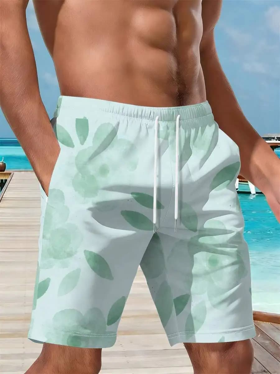 Mens Floral Print Beach Shorts Watercolor Green Leaves Design Casual Summer Vacation Wear