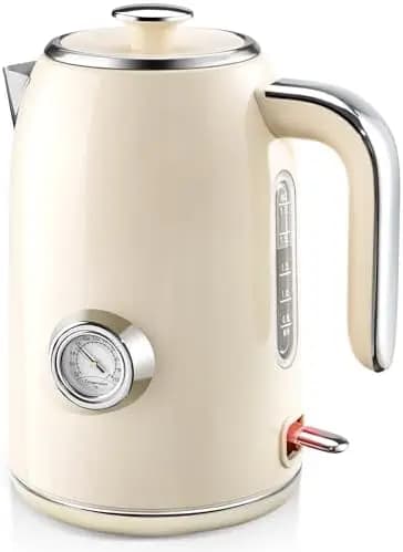 Bollitore elettrico PUKOMC da 1,7 litri, indicatore di temperatura da 1500 W, spegnimento automatico, senza BPA, luce LED, acciaio inossidabile (Beige)