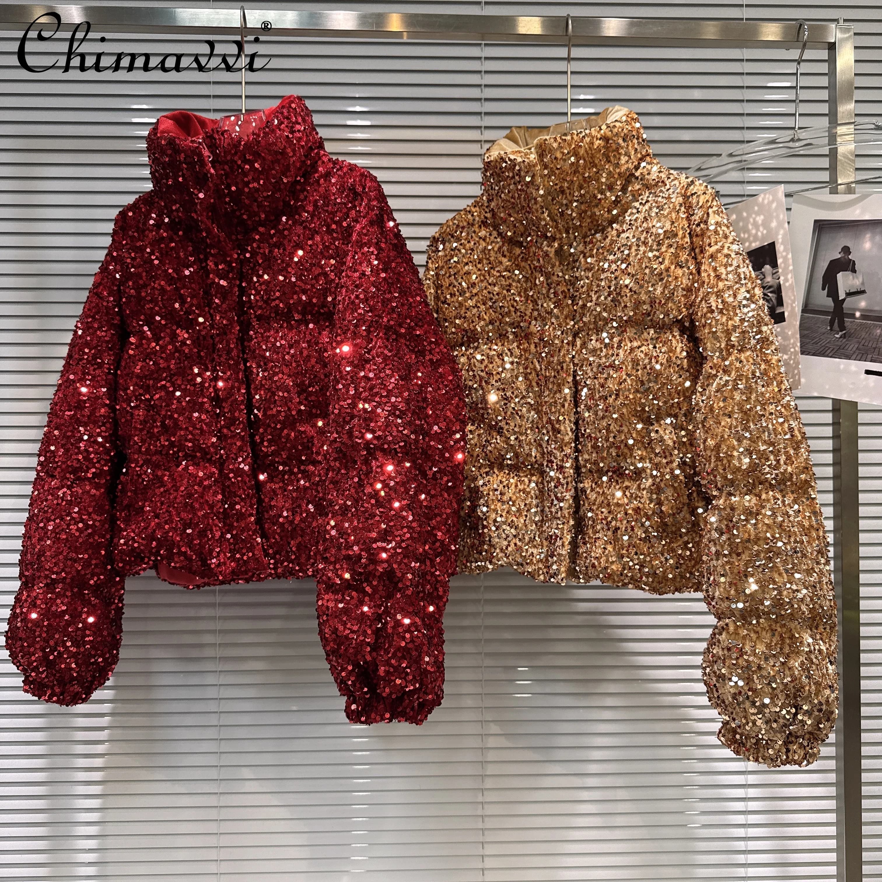Moda francese elegante industria pesante colletto alla coreana con paillettes colorate addensate cappotti caldi piumini invernali da donna